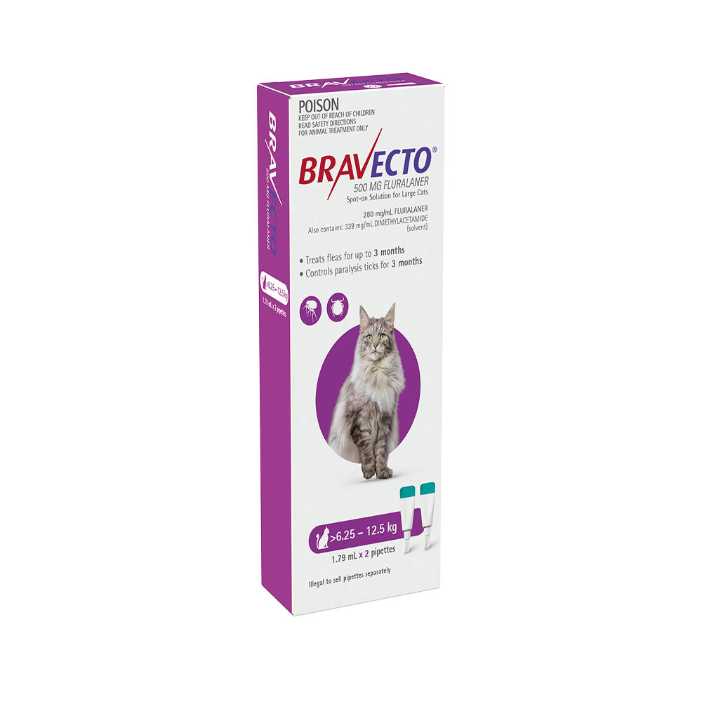 Bravecto Purple Spot on for Large Cats 6.25 to 12.5kg 1.79mL x 2 Pipettes