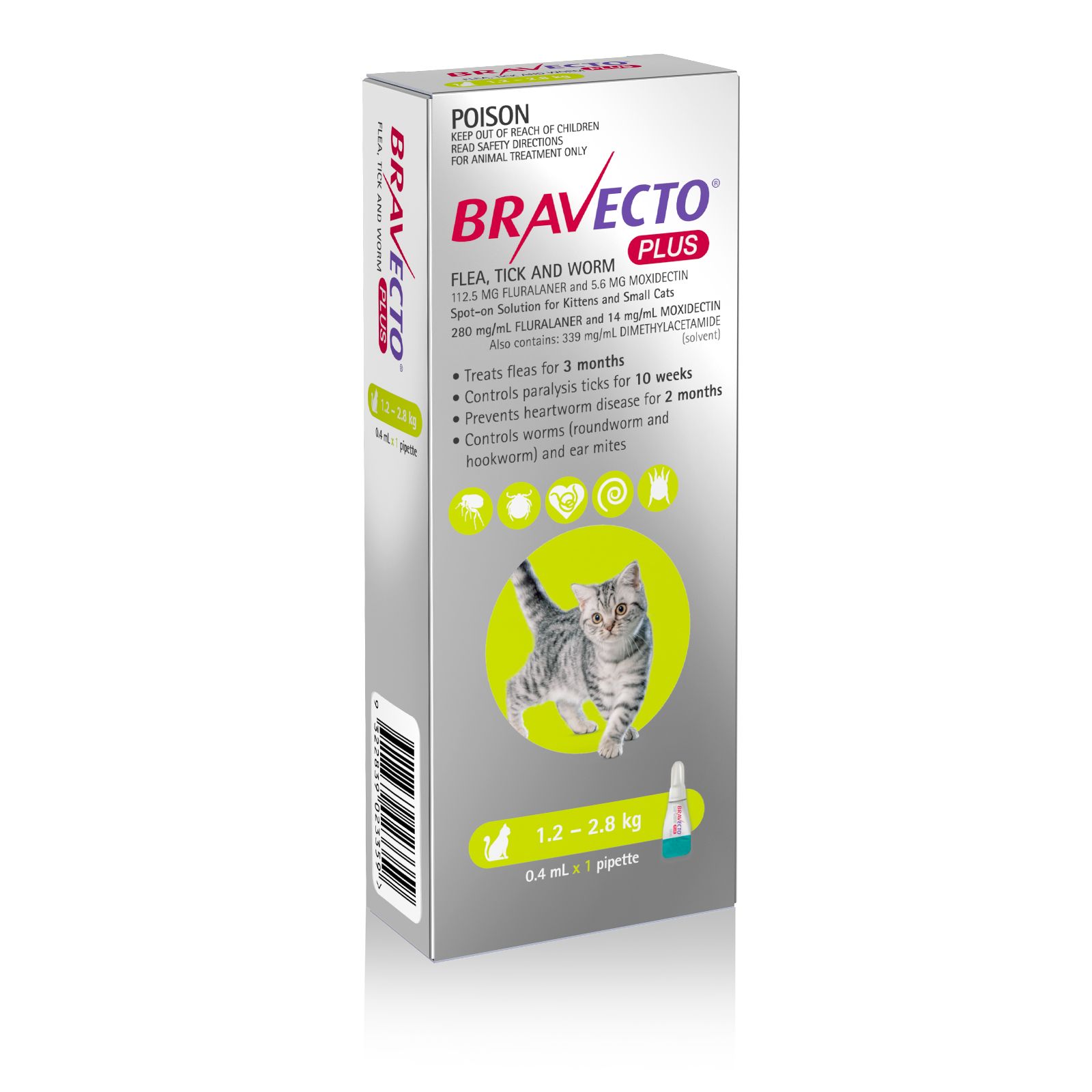 Bravecto Plus For Kittens & Small Cats 1.2 - 2.8kg 0.4mL x 1 Pipette 