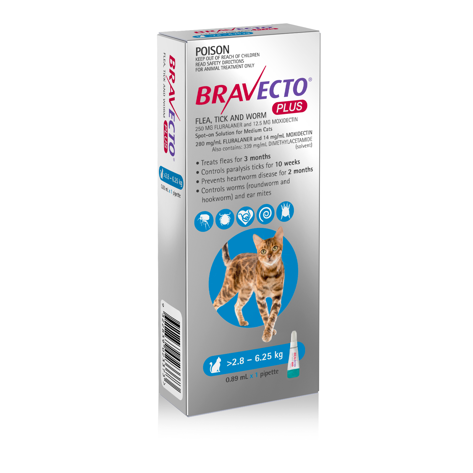 Bravecto Plus For Medium Cats 2.8 - 6.25kg 0.89mL x 1 Pipette  