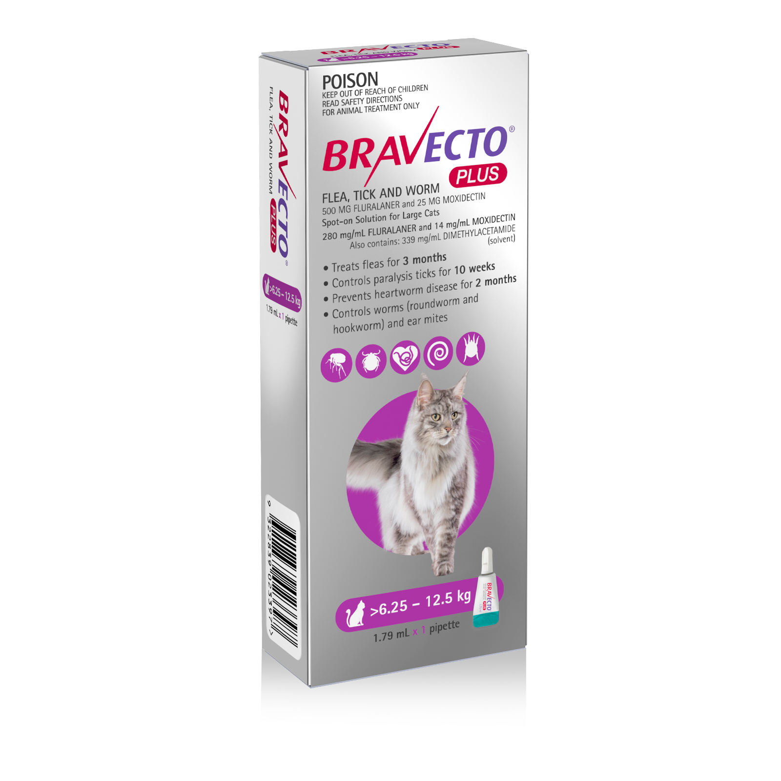 Bravecto Plus For Large Cats 6.25 - 12.5kg 1.79mL x 1 Pipette 