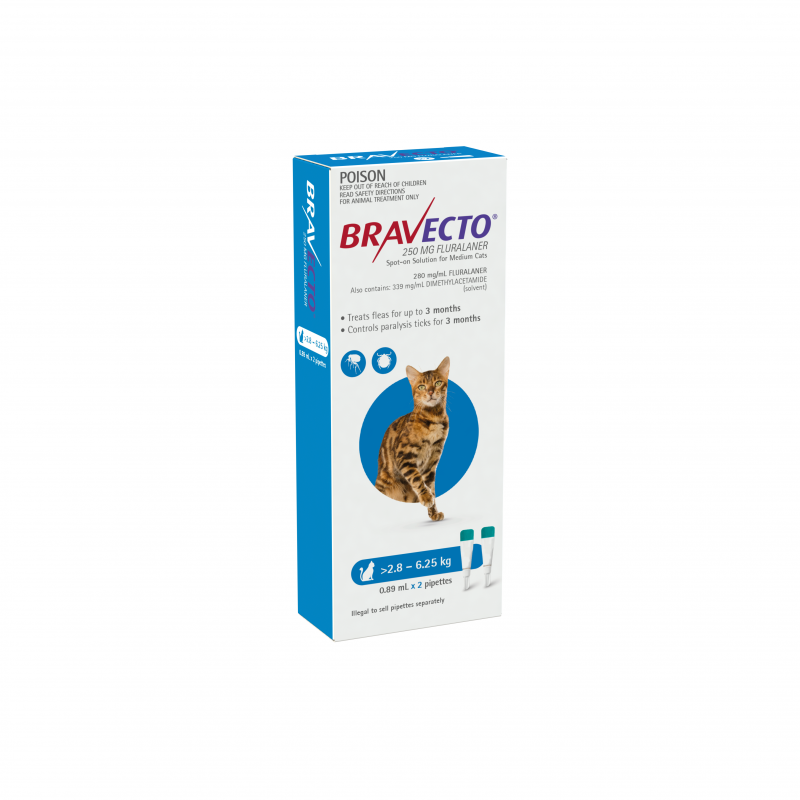 Bravecto Blue Spot on for Medium Cats 2.8 to 6.25kg 0.89mL x 2 Pipettes