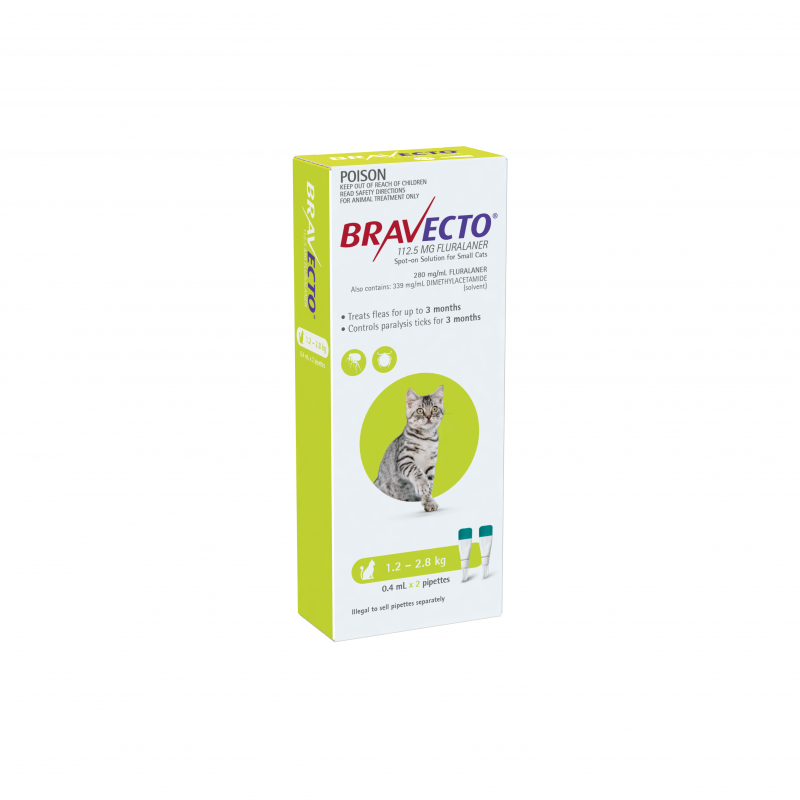Bravecto Green Spot on for Small Cats 1.2 to 2.8kg 0.4mL x 2 Pipettes