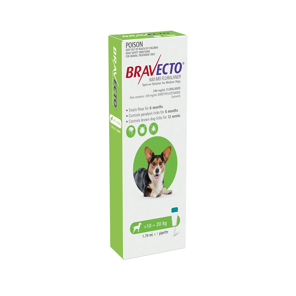 Bravecto Spot On Green for Medium Dogs 10 to 20kg 1.79mL x 1 Pipette
