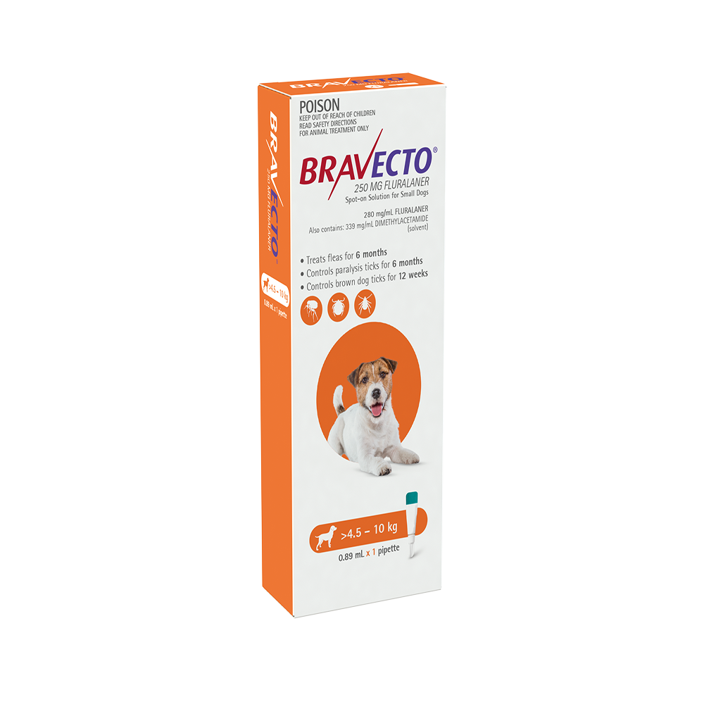 Bravecto Spot On Orange for Small Dogs 4.5 to 10kg 0.89mL x 1 Pipette