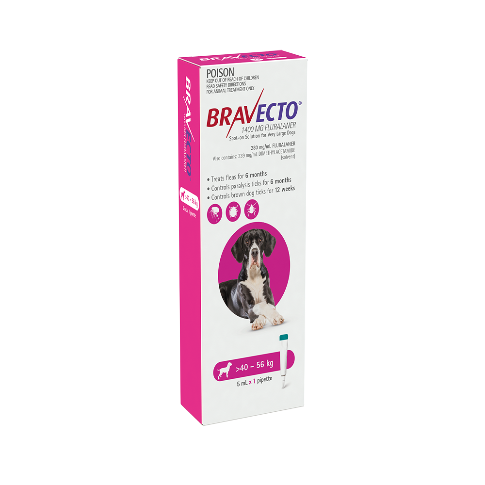 Bravecto Spot On Pink for Very Large Dogs 40 to 56kg 5mL x 1 Pipette