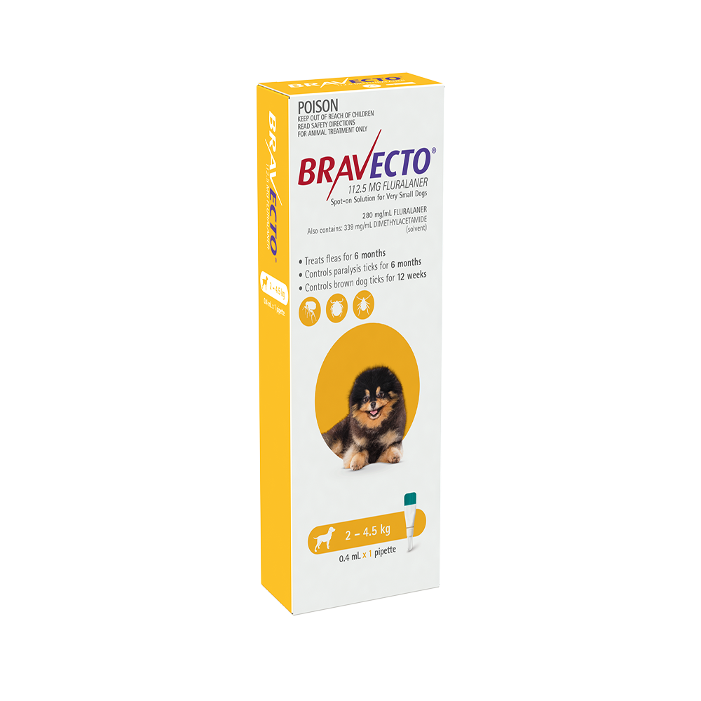 Bravecto Spot On Yellow for Very Small Dogs 2 to 4.5kg 0.4mL x 1 Pipette